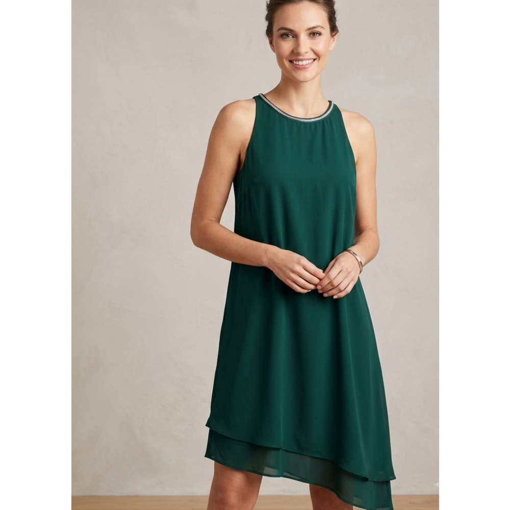 H&M Green Chiffon Beaded Neck Layered Shift Cocktail Dress 12